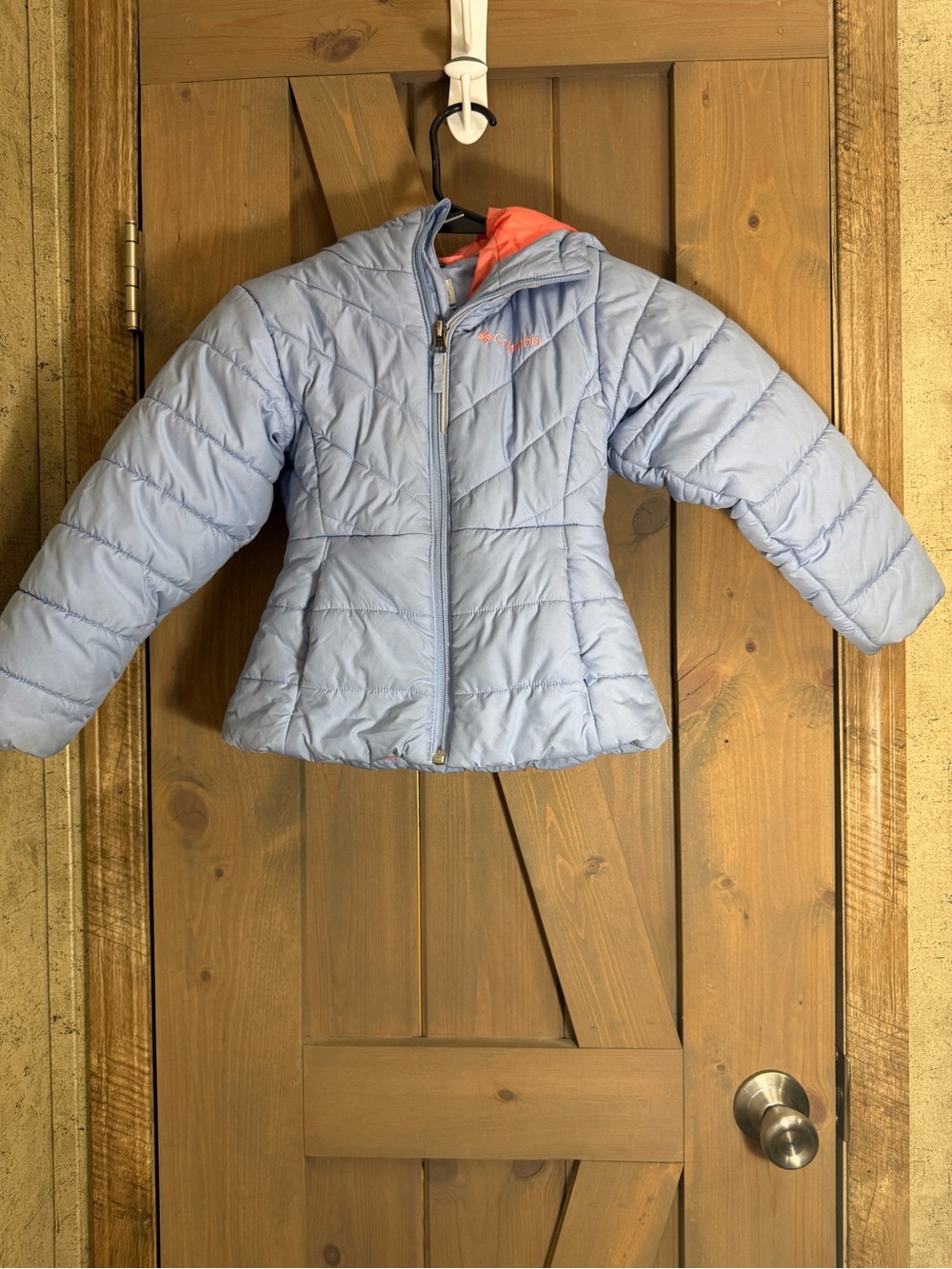 Columbia Light Blue Puffer Jacket with Coral Lining - Girls